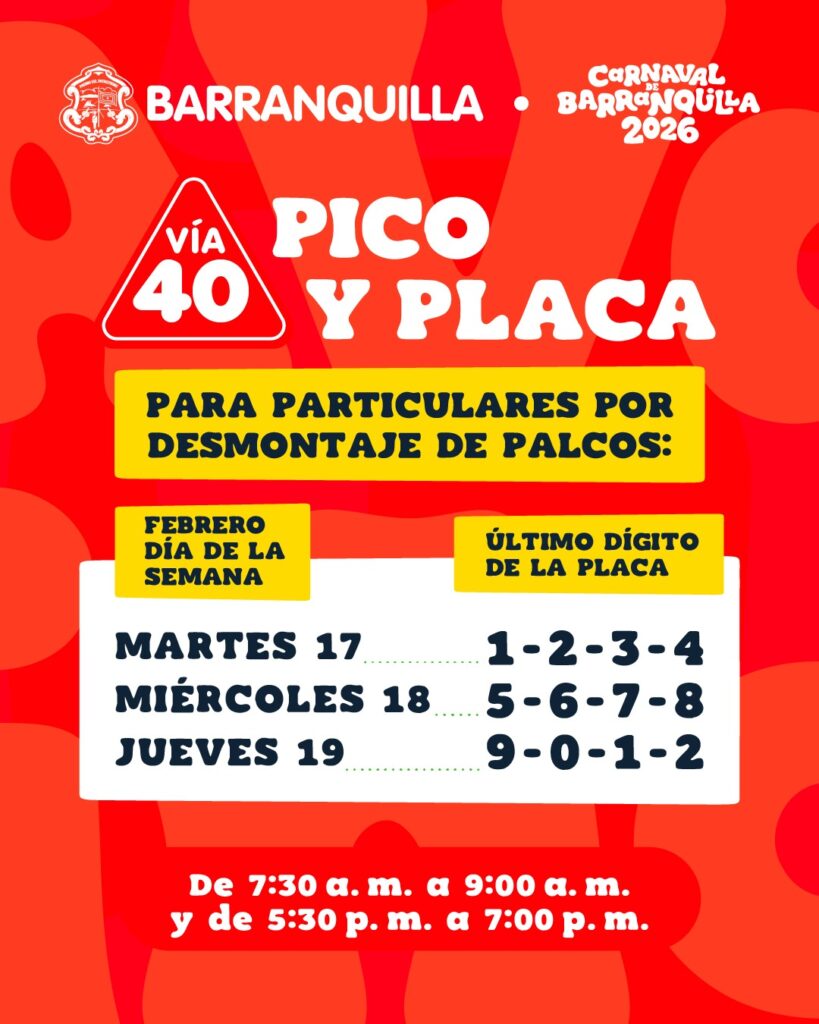 Martes, miércoles y jueves: pico y placa para vehículos particulares en la vía 40 por desmontaje de palcos 42 Pico y placa via 40 3